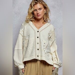 POL “ Cottage Charm “ Patchwork Cadigan Thermal Hoodie Cardigan | Cream